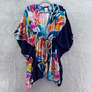 LA BLANCA Cover-Up Cardigan Women S/M Blue Tropical Floral Cruise Vacation Beach
